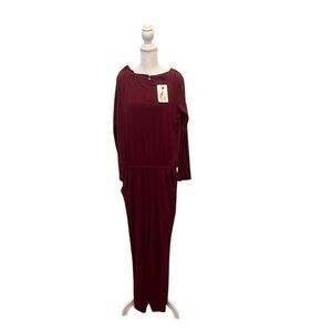 NWT Pretty Garden size small long sleeve elastic waist pockets burgundy jumpsuit